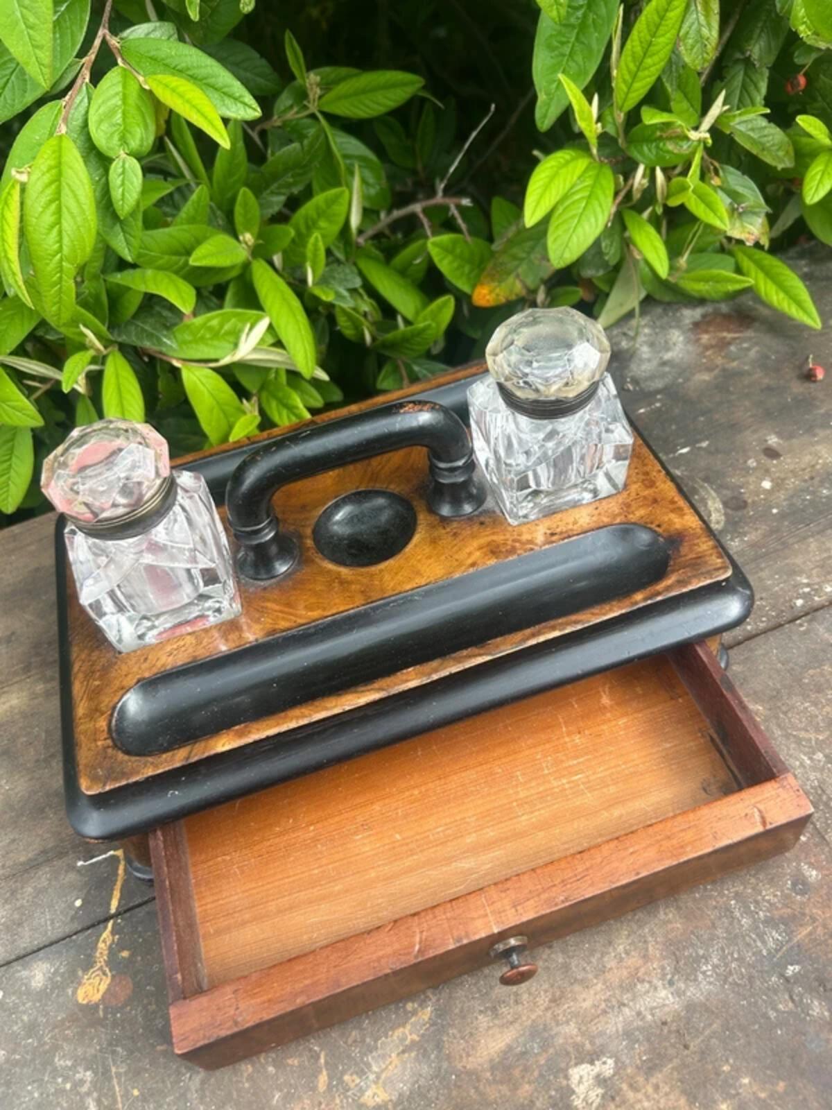 Victorian Walnut Ink Stand and Two Bottles