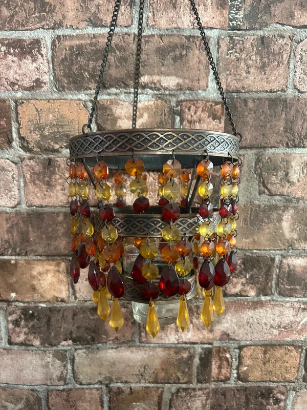 Bronzed Metal Hanging Beaded Tealight Holder
