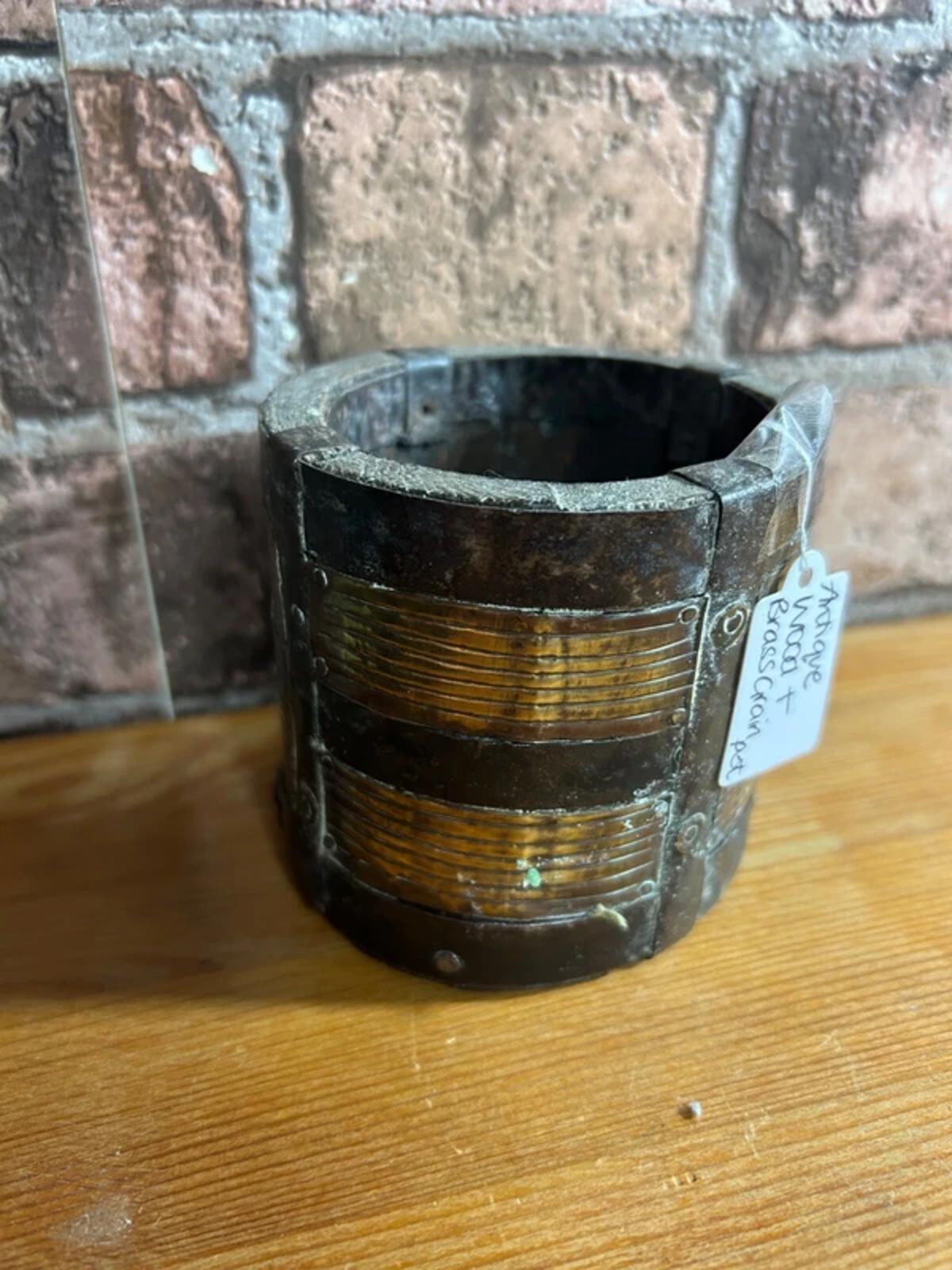 Antique Wood & Brass Grain Pot