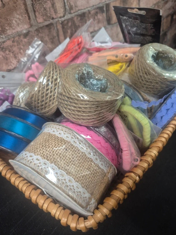 Large Bundle of Craft Items: Ribbon, Twine, Hessian, Dye and Clay Beads