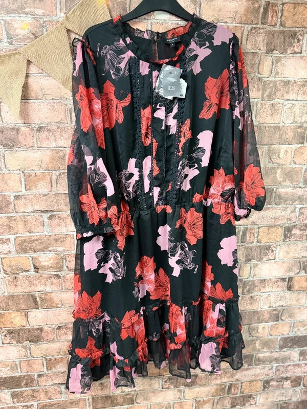 JD Williams Pink, Red and Black Floral Midi Dress - Size 24