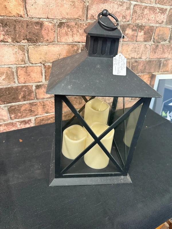 Black Plastic Lantern with Triple Flicker Battery Candles