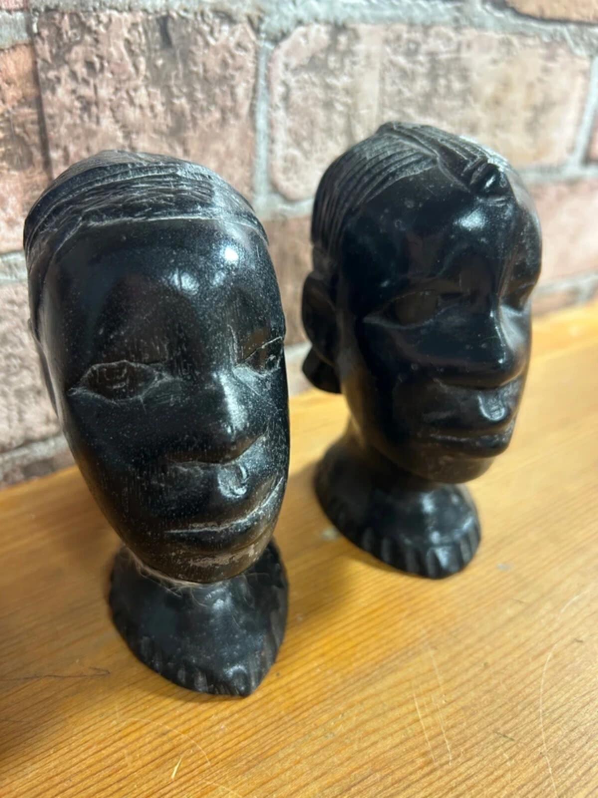 Pair of Ebony Wood African Head Carvings