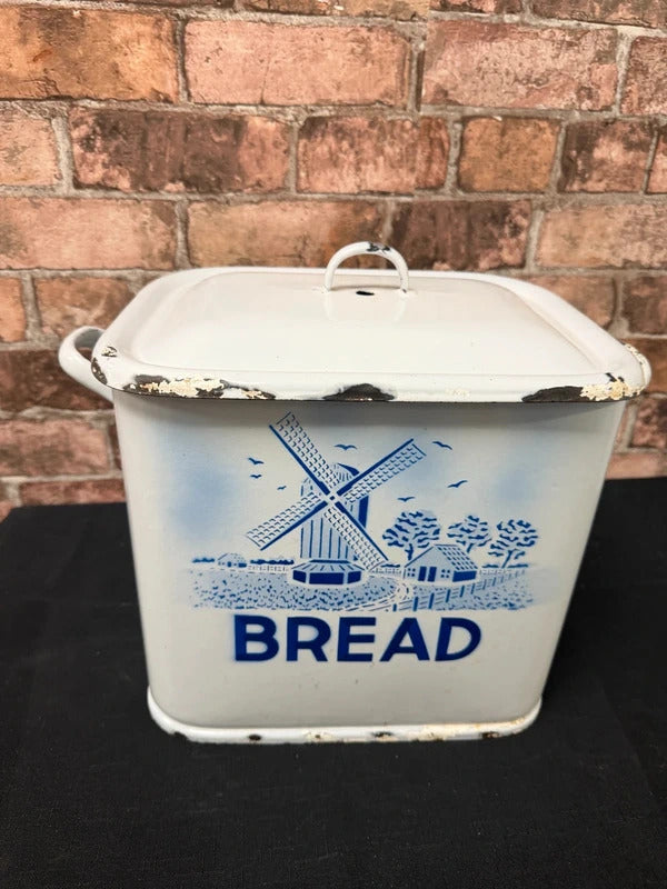 Vintage Blue and White Enamel Bread Bin