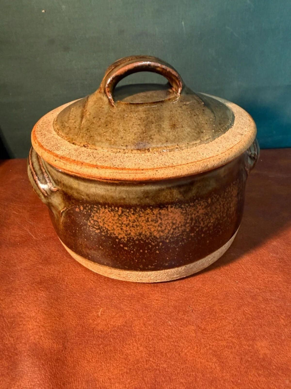 Green and Brown Stoneware Dish with Lid