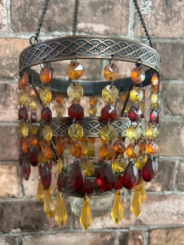 Bronzed Metal Hanging Beaded Tealight Holder