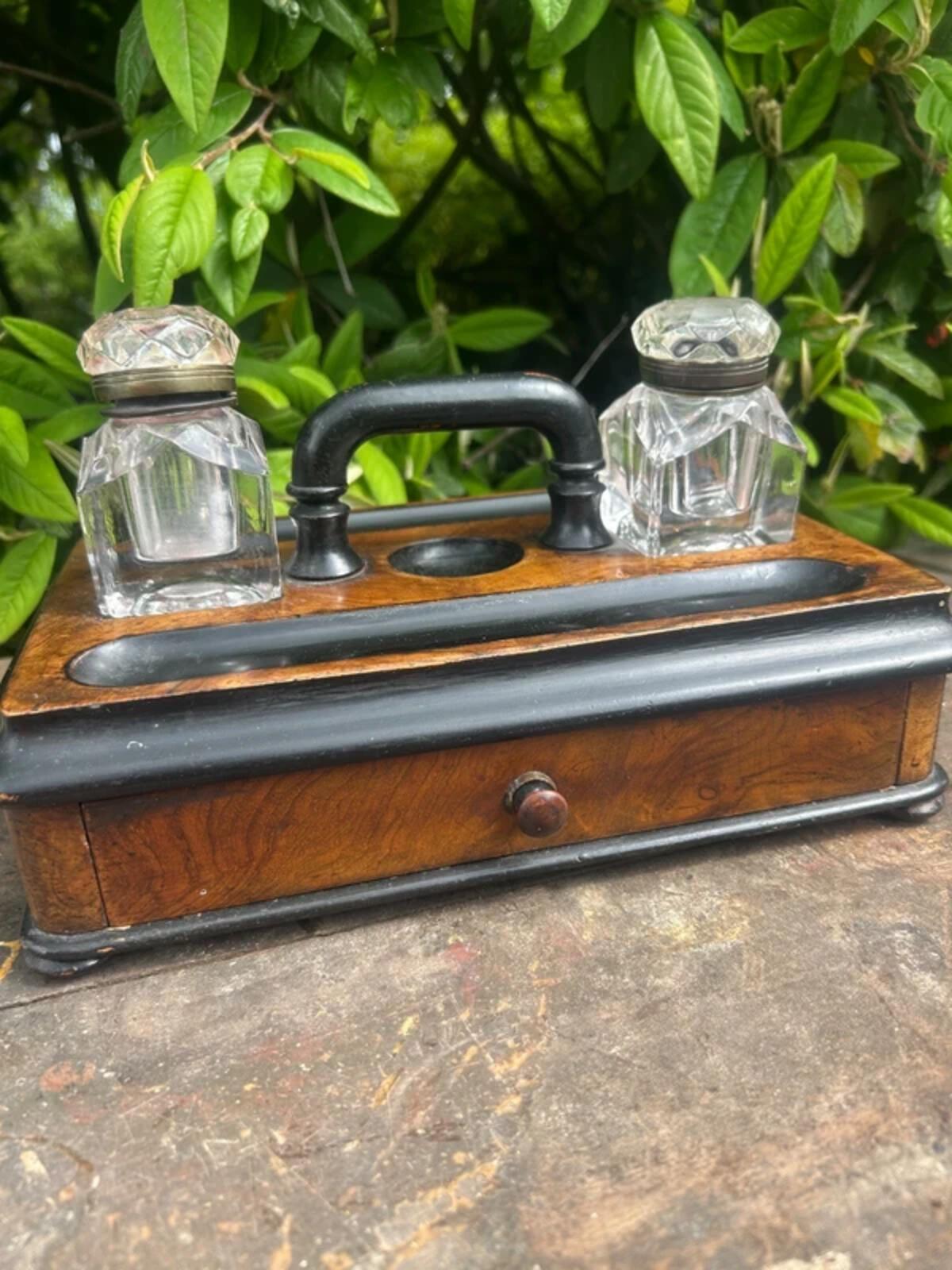 Victorian Walnut Ink Stand and Two Bottles
