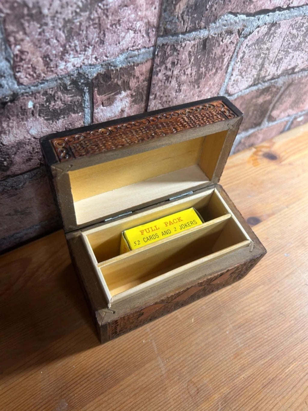 Vintage Wooden Carved Playing Cards Box