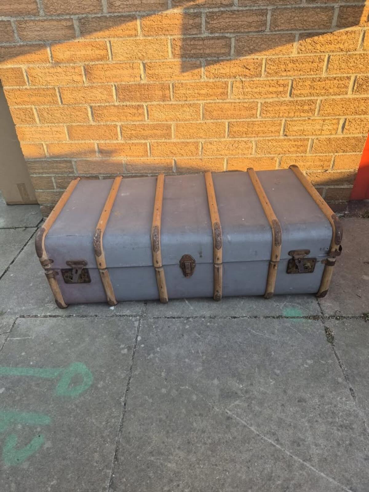 Vintage 1920's Blue and Bamboo Steamer Trunk
