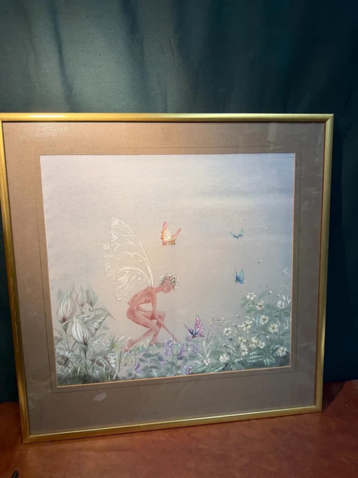 Vintage Framed Folk Fairy Art on Silk