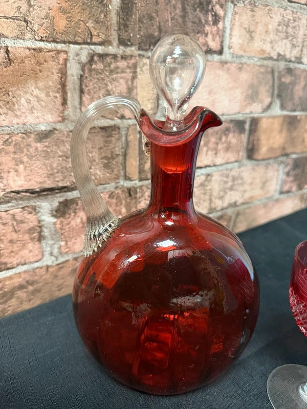 Victorian Cranberry Glass Claret Jug and Two Glasses