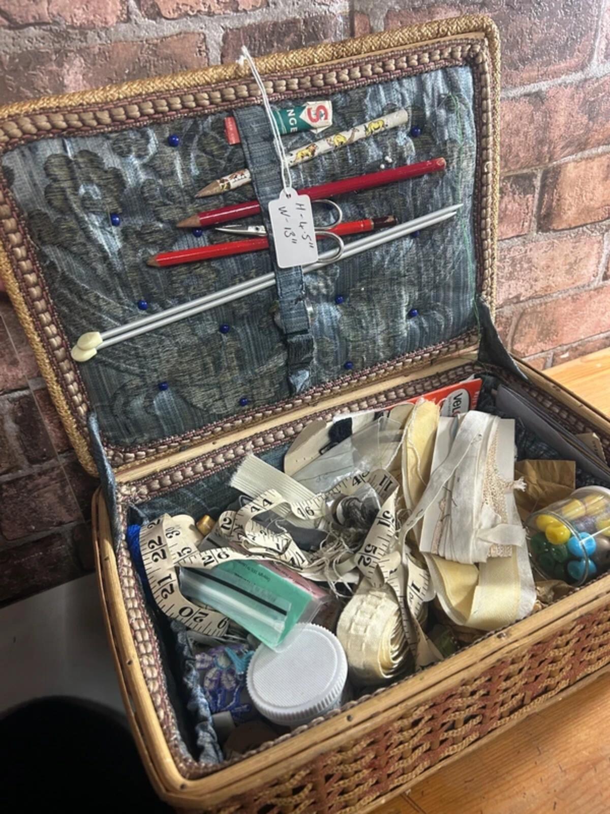 Vintage Wicker Sewing Box with Contents