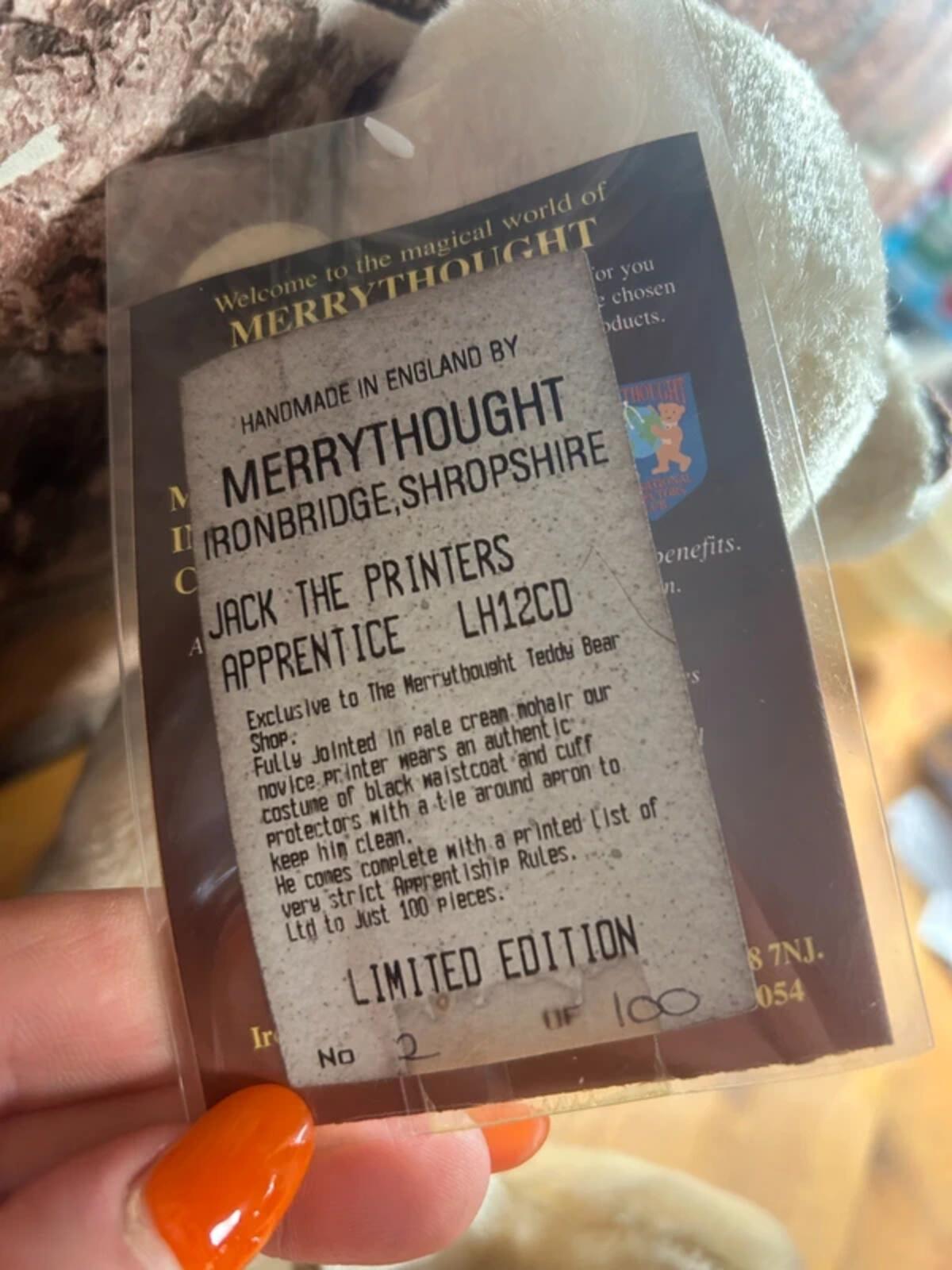Merrythought Jack The Printers Apprentice Limited Edition Bear