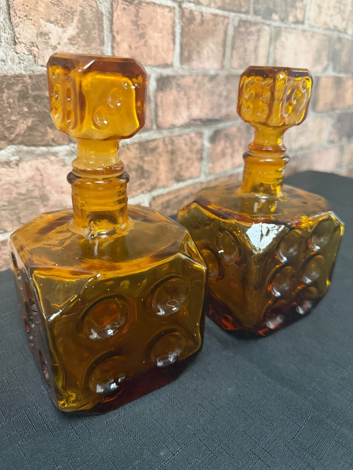Pair of Empoli Italian Amber Glass Dice Decanters