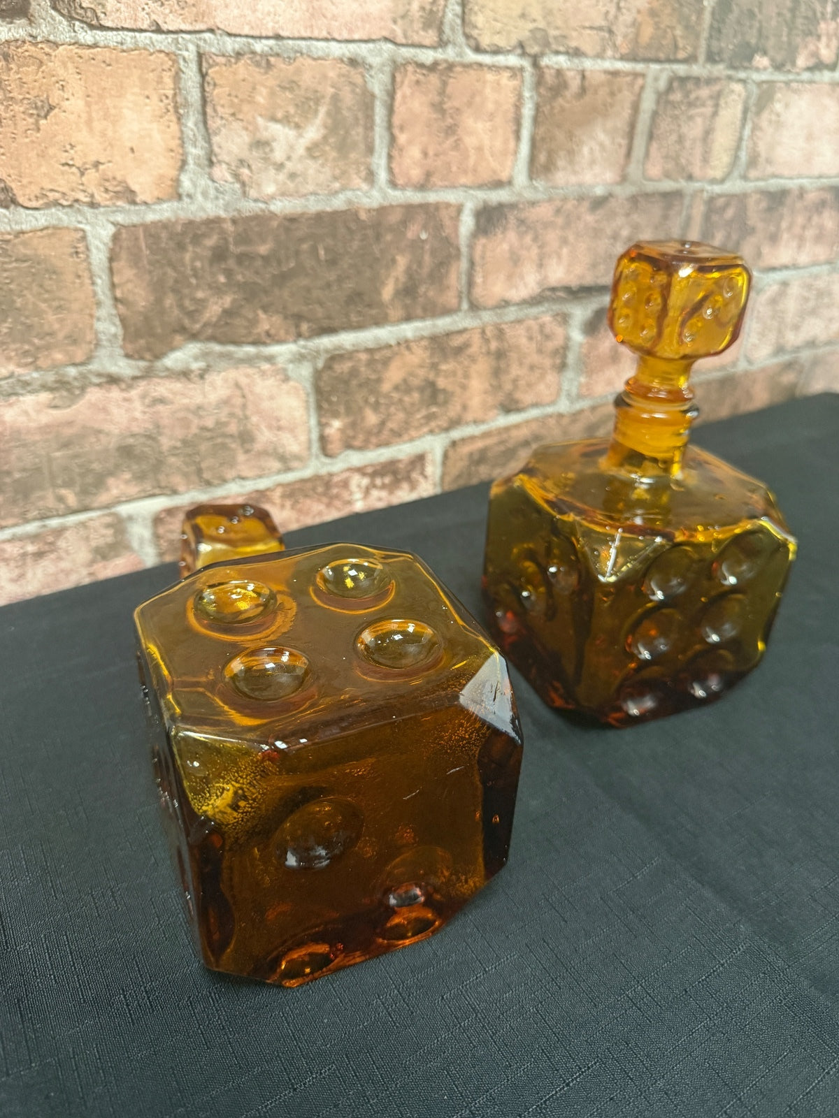 Pair of Empoli Italian Amber Glass Dice Decanters