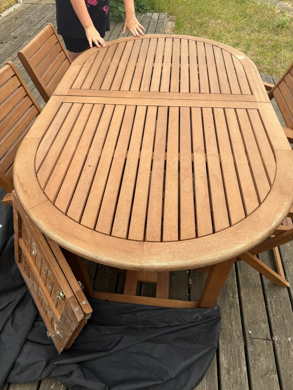 Solid Teak Extending Garden Table and Eight Folding Chairs