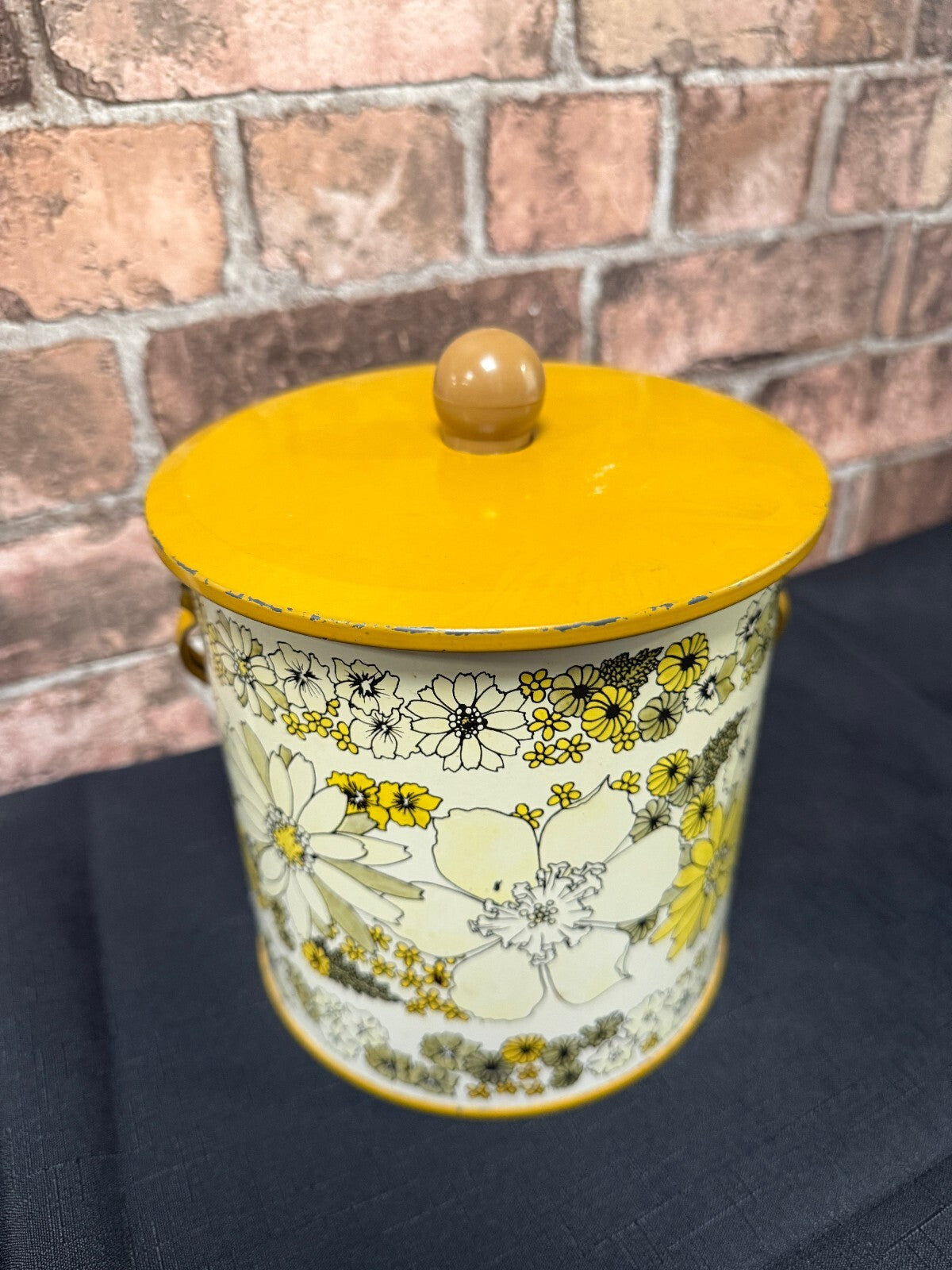 Vintage Mustard Floral Storage Tin with Handle