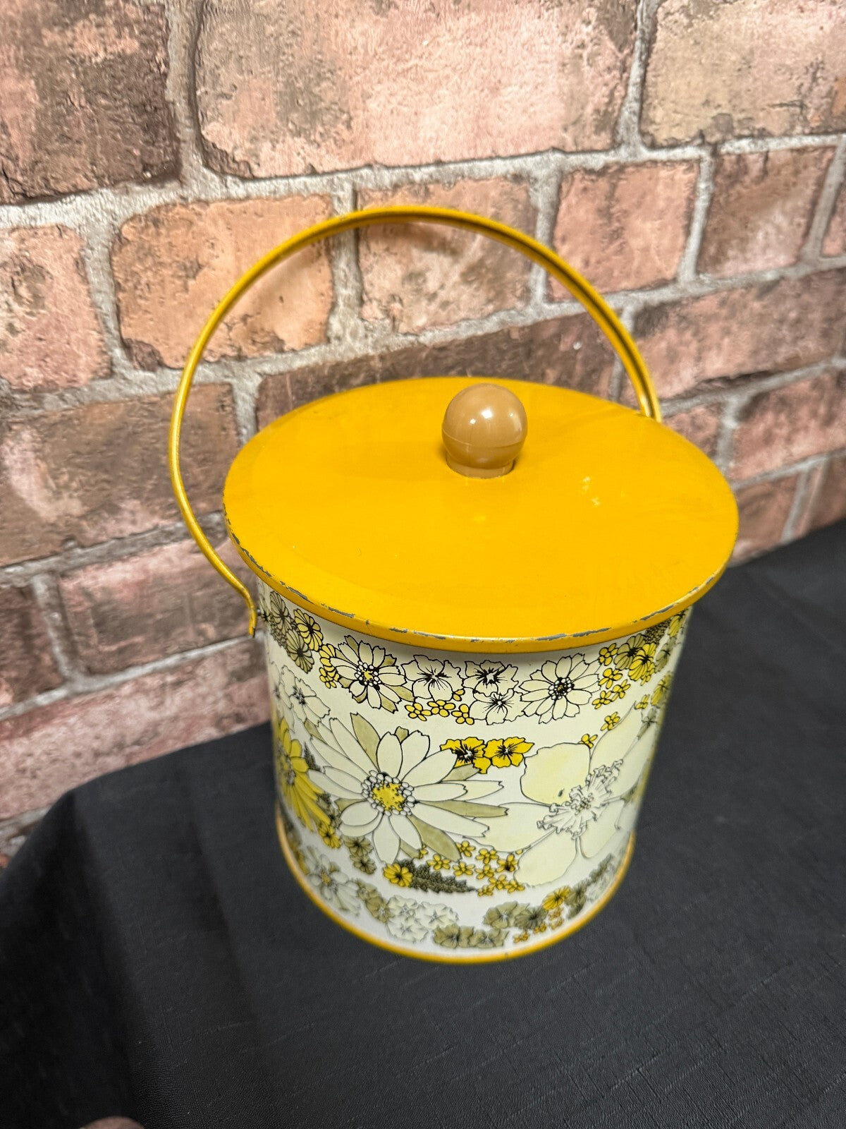 Vintage Mustard Floral Storage Tin with Handle