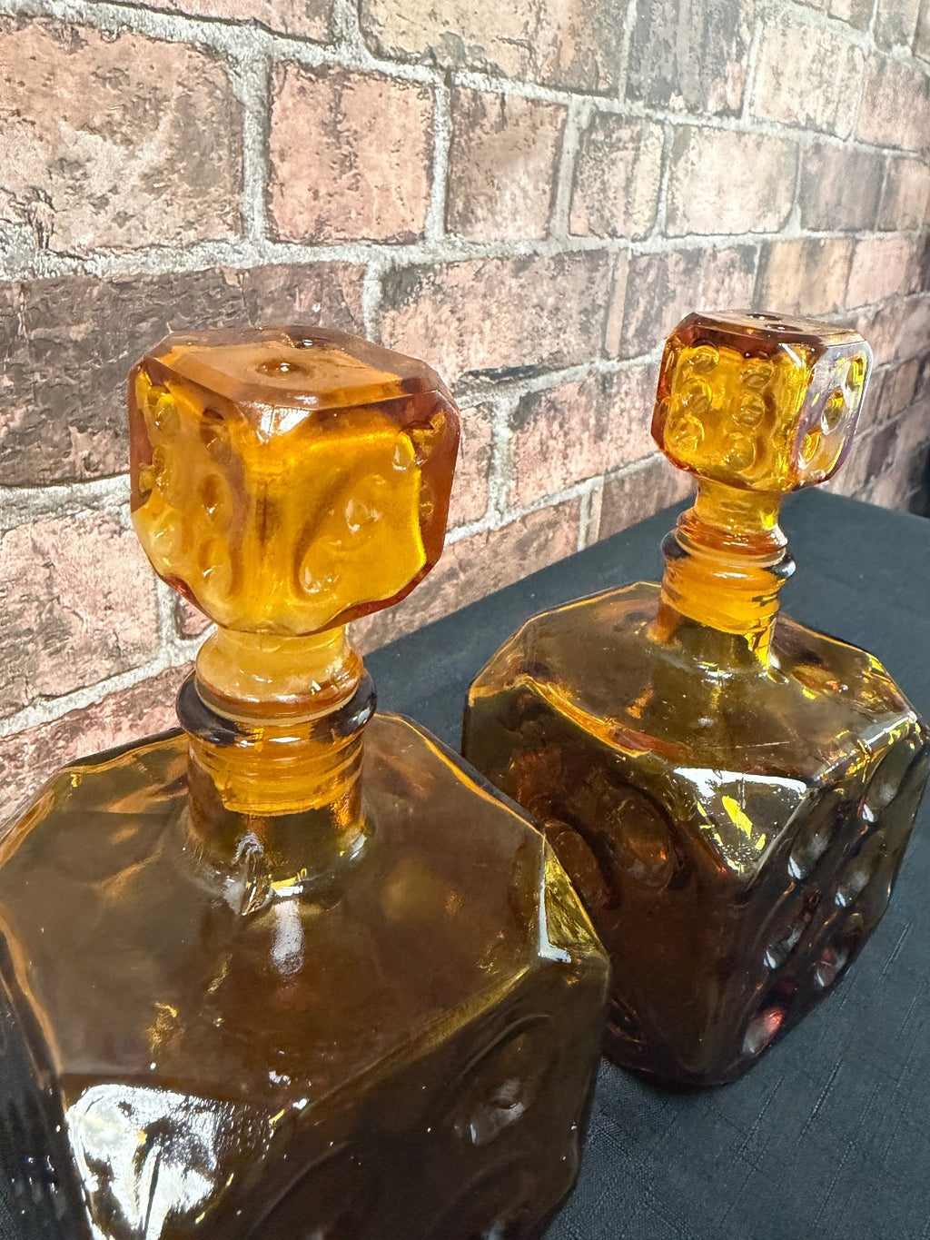 Pair of Empoli Italian Amber Glass Dice Decanters