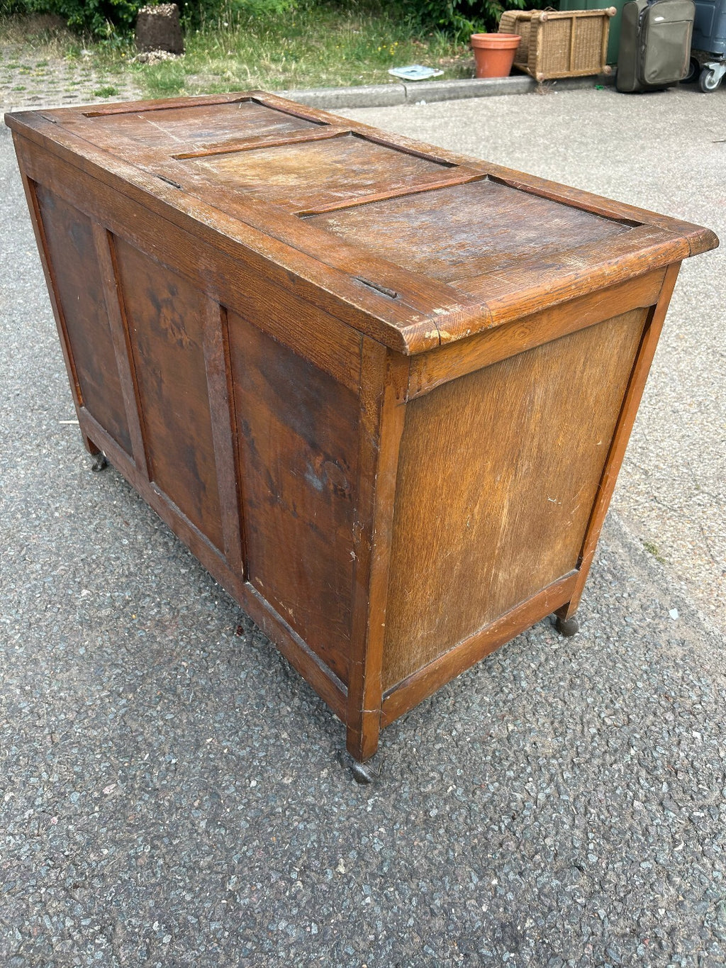 Solid Oak Vintage Ottoman Coffer on Wheels