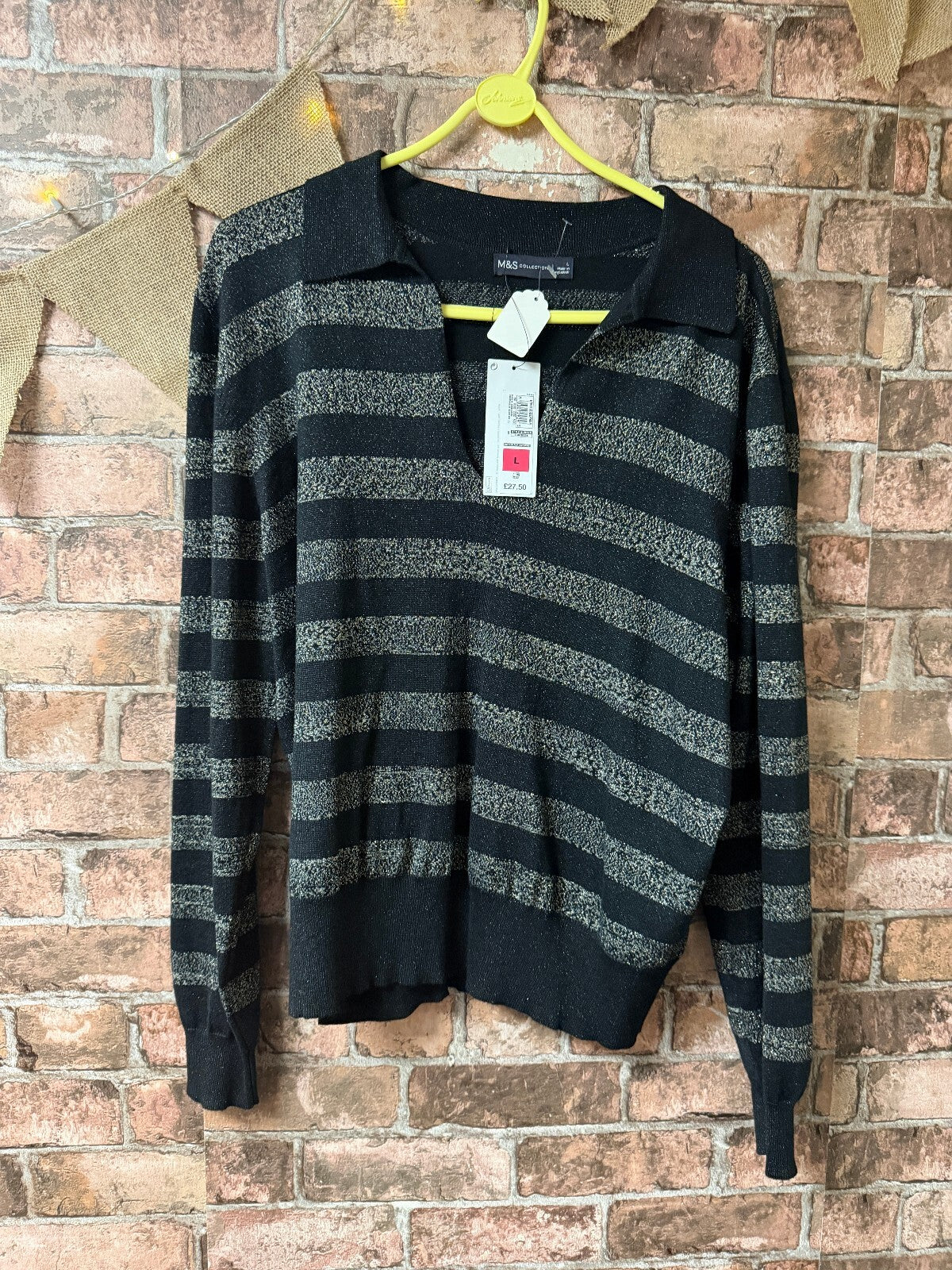 M&S Grey and Black Striped Top - Size 12