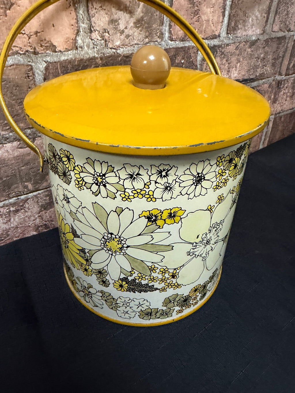 Vintage Mustard Floral Storage Tin with Handle