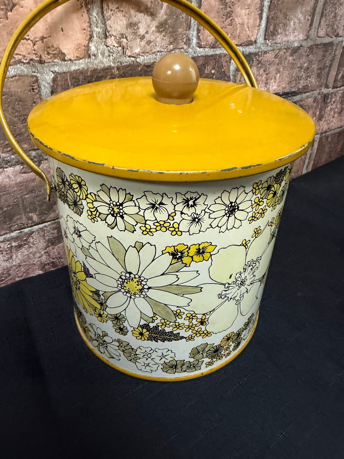 Vintage Mustard Floral Storage Tin with Handle