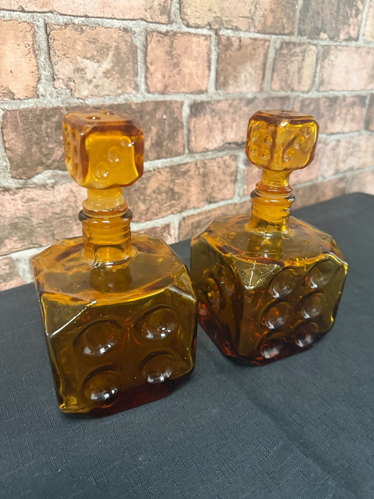 Pair of Empoli Italian Amber Glass Dice Decanters