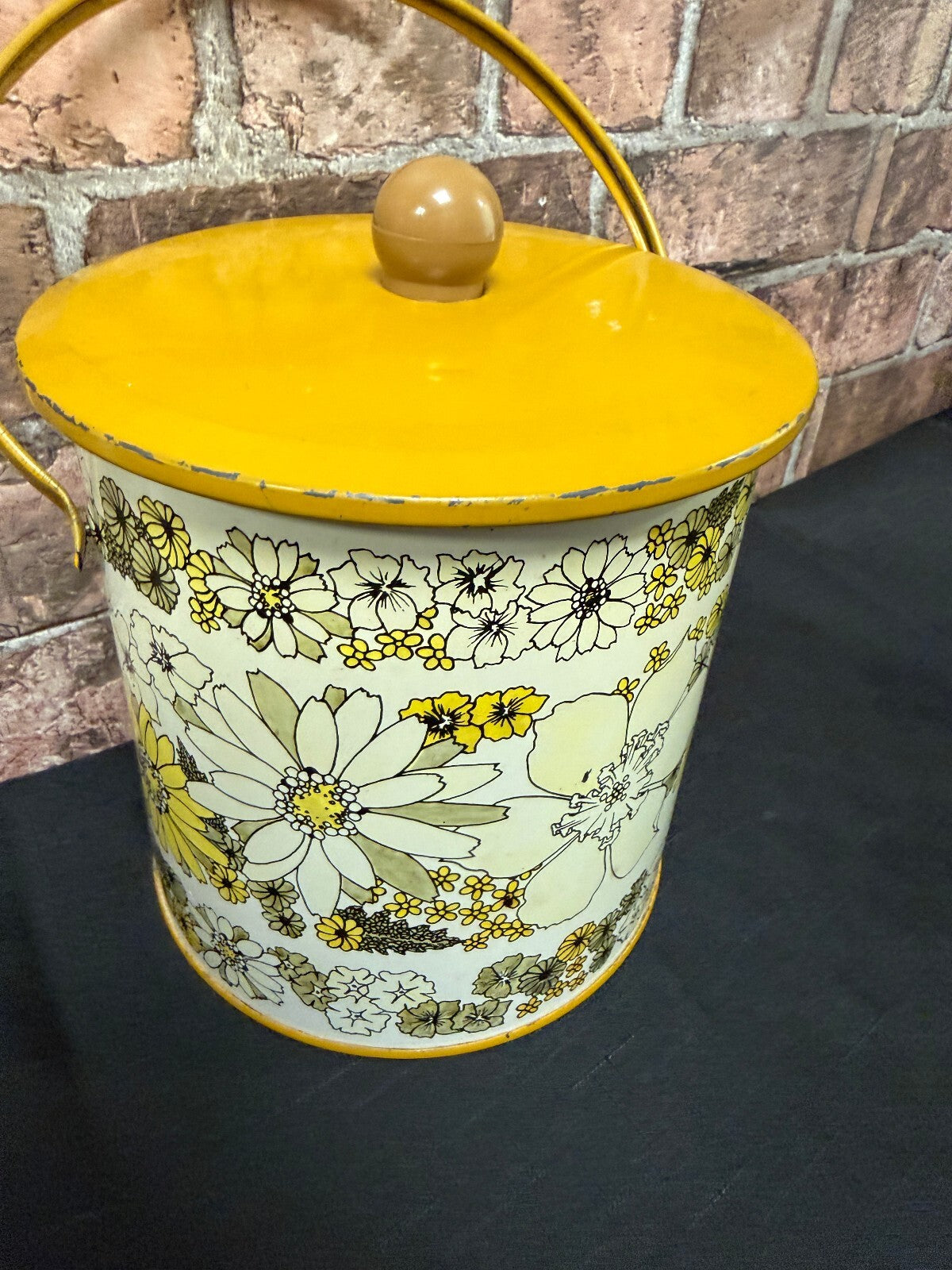 Vintage Mustard Floral Storage Tin with Handle