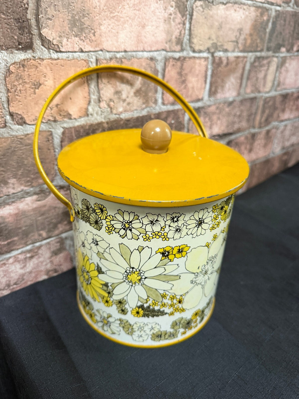 Vintage Mustard Floral Storage Tin with Handle