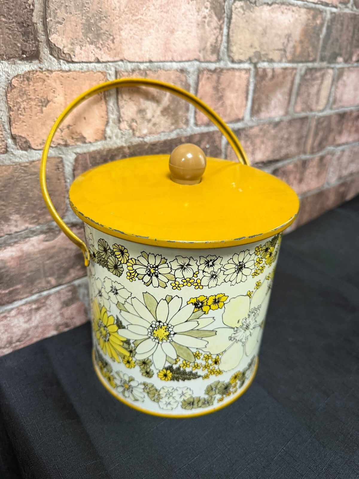 Vintage Mustard Floral Storage Tin with Handle