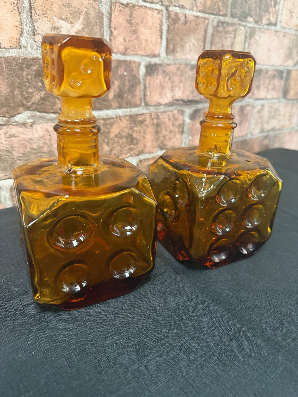 Pair of Empoli Italian Amber Glass Dice Decanters