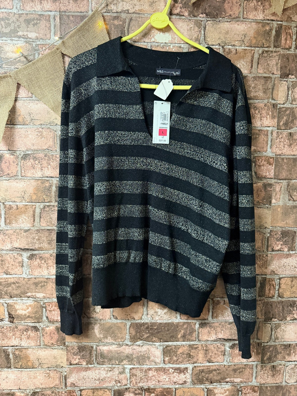 M&S Grey and Black Striped Top - Size 12