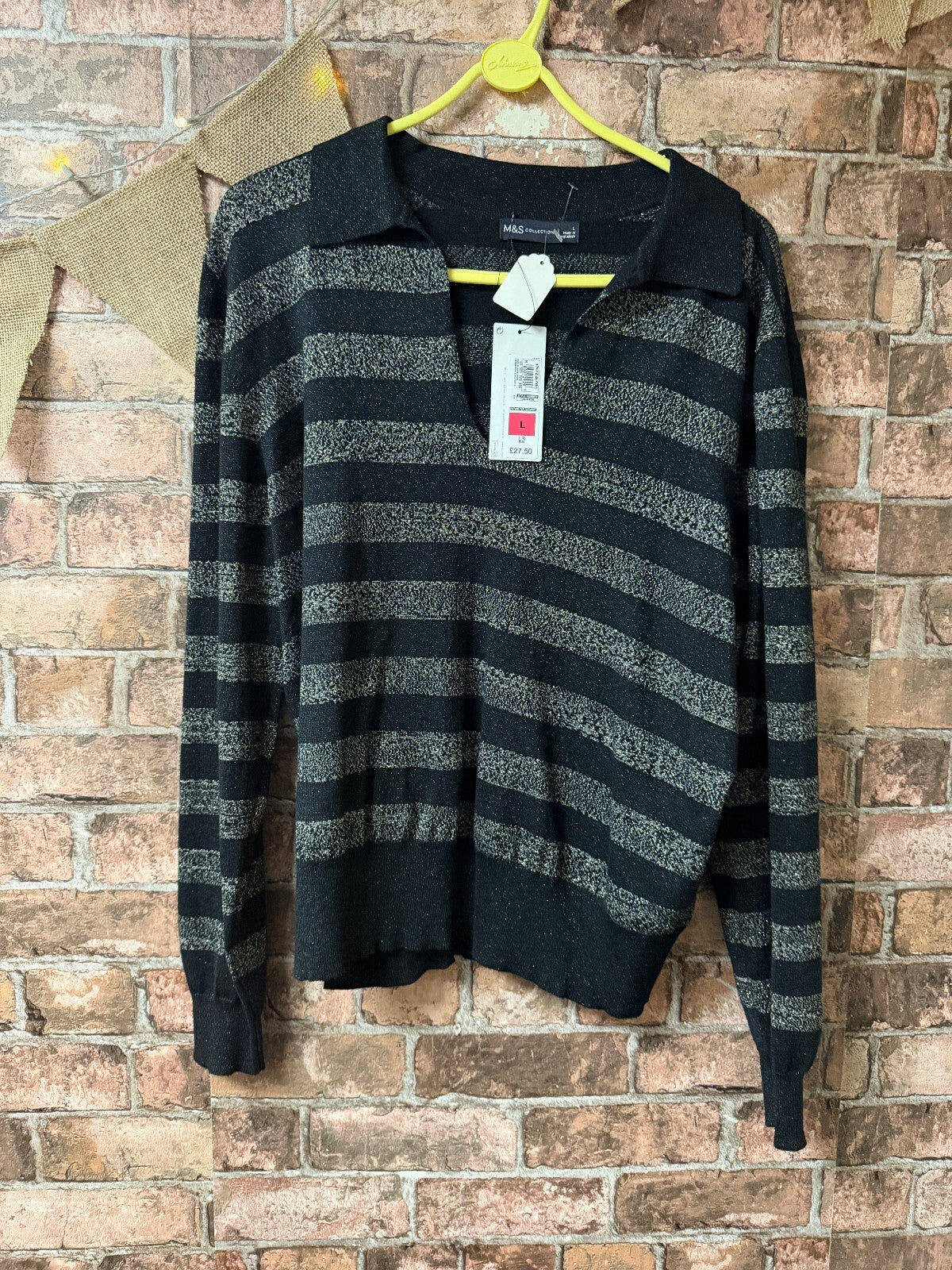 M&S Grey and Black Striped Top - Size 12