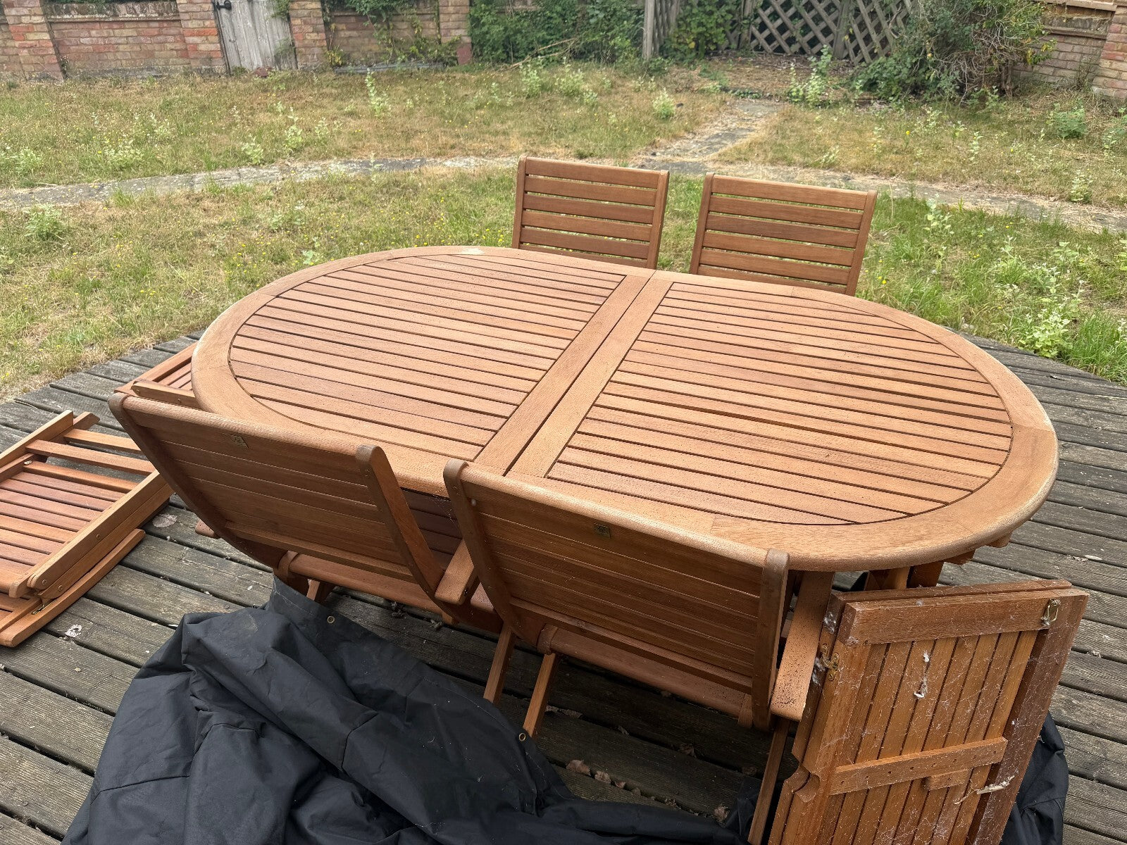 Solid Teak Extending Garden Table and Eight Folding Chairs