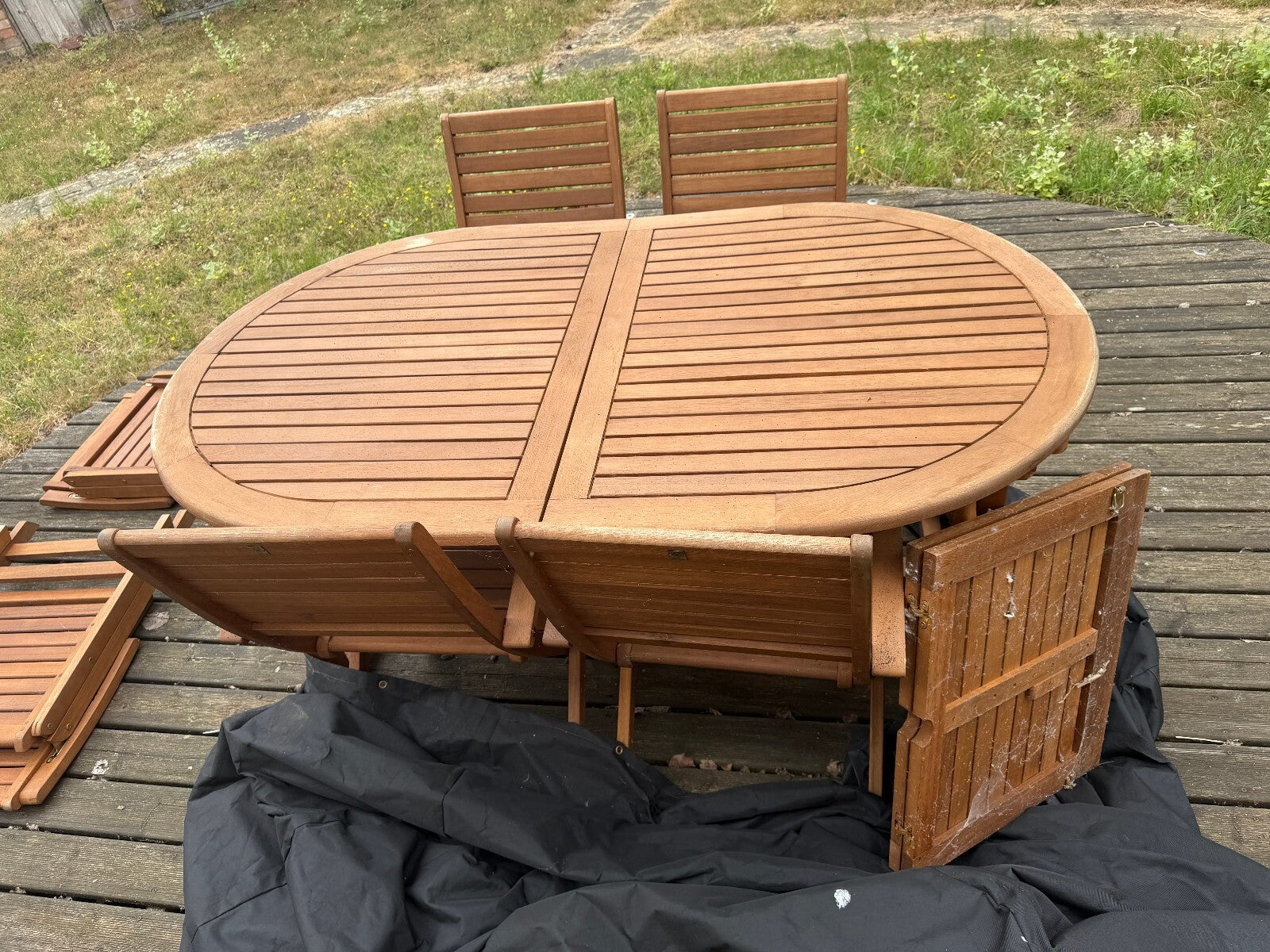 Solid Teak Extending Garden Table and Eight Folding Chairs