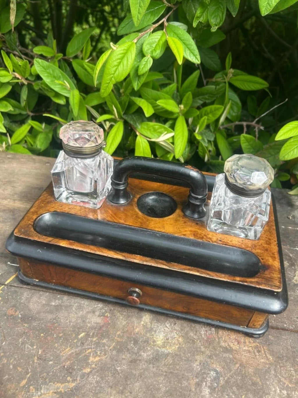 Victorian Walnut Ink Stand and Two Bottles