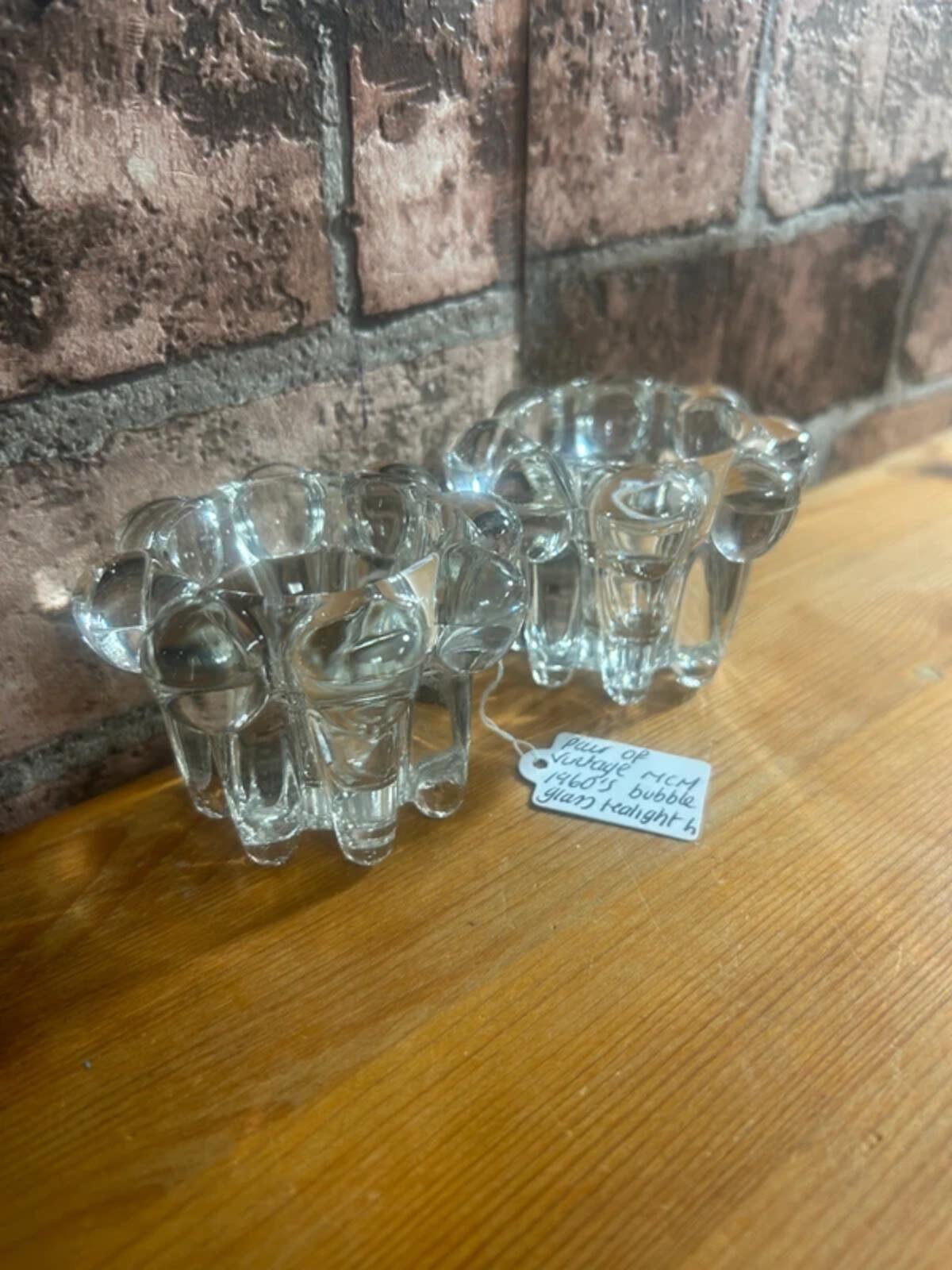 Pair of Vintage MCM 1960's Glass Bubble Tealight Holders -