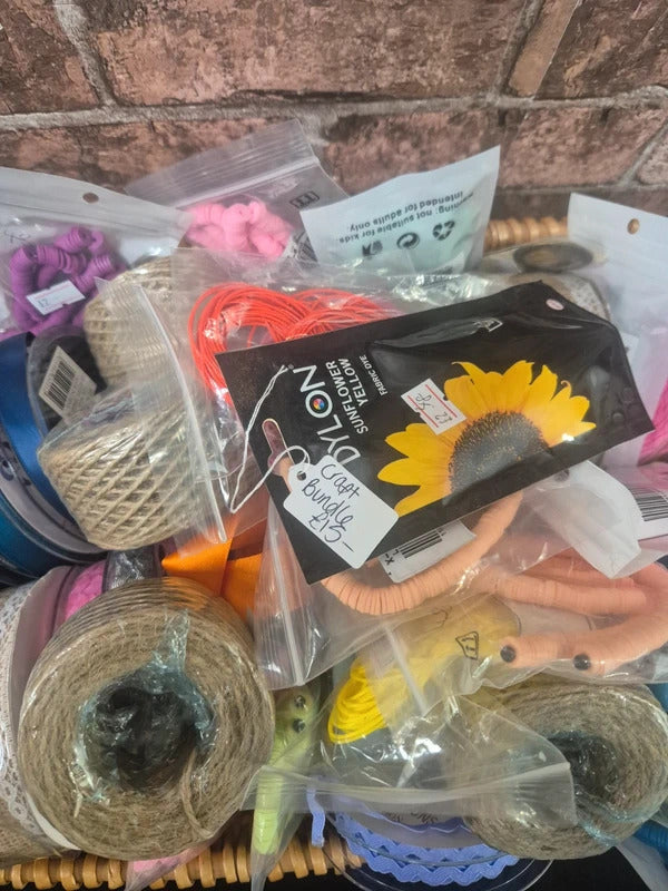 Large Bundle of Craft Items: Ribbon, Twine, Hessian, Dye and Clay Beads