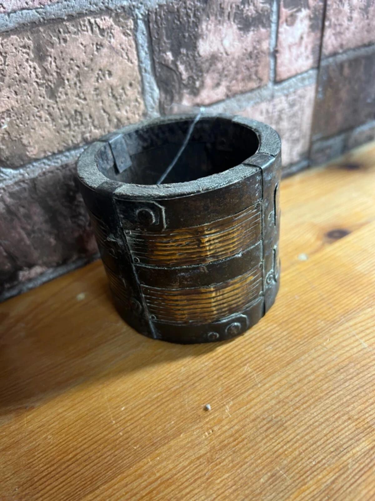 Antique Wood & Brass Grain Pot