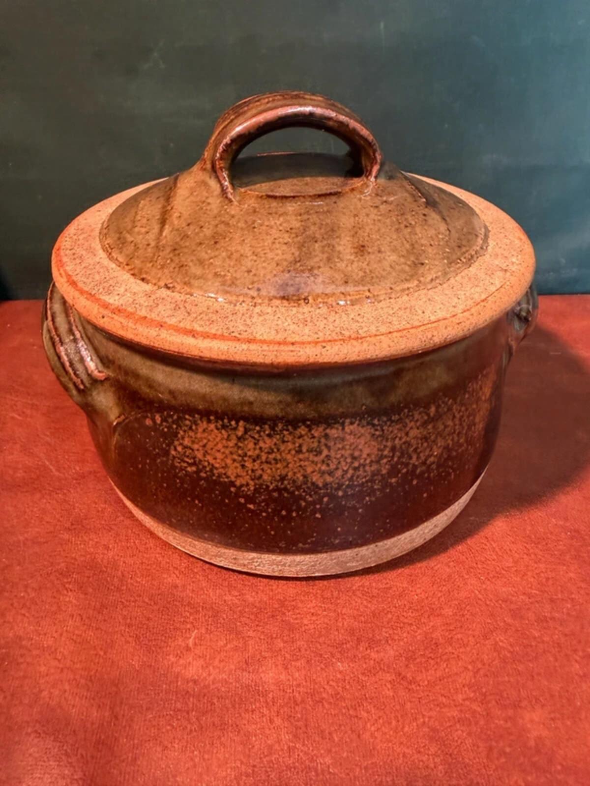 Green and Brown Stoneware Dish with Lid