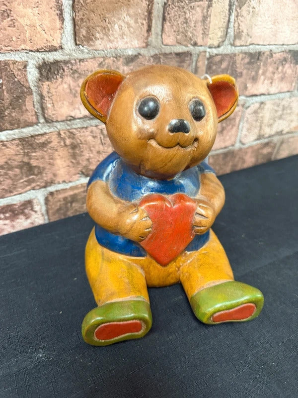 Vintage Hand Carved Wooden Folk Art Teddy