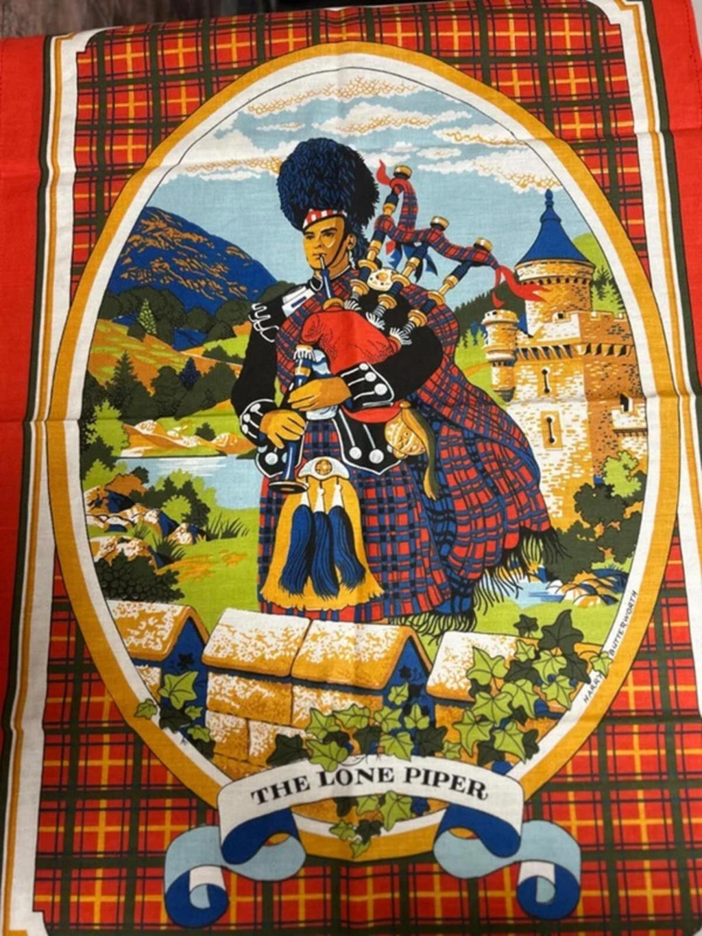 The Lone Piper vintage tea towel