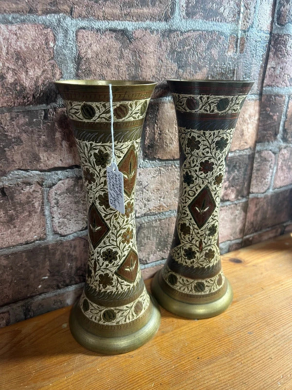 Pair of Brass Etched Floral Vases