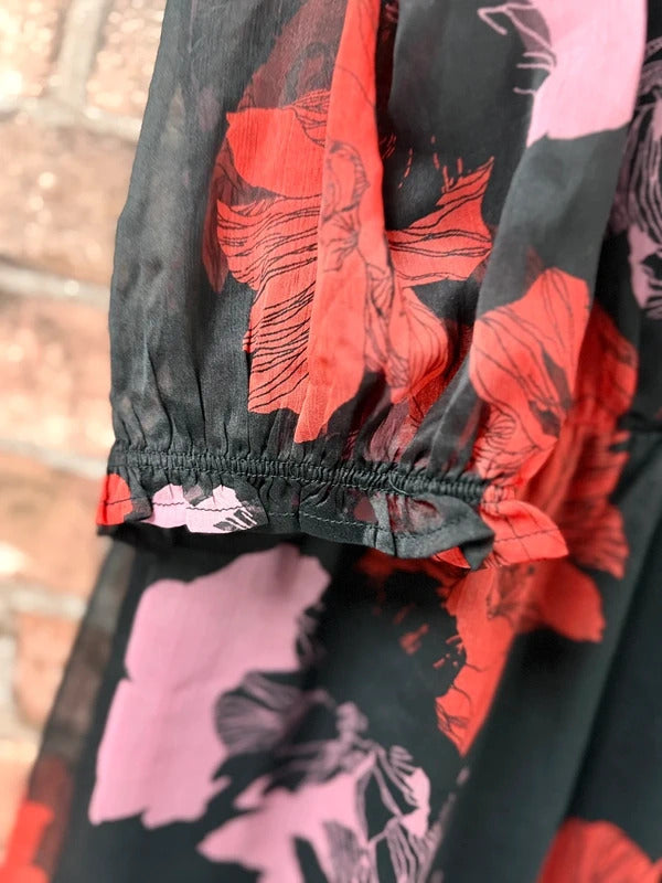 JD Williams Pink, Red and Black Floral Midi Dress - Size 24