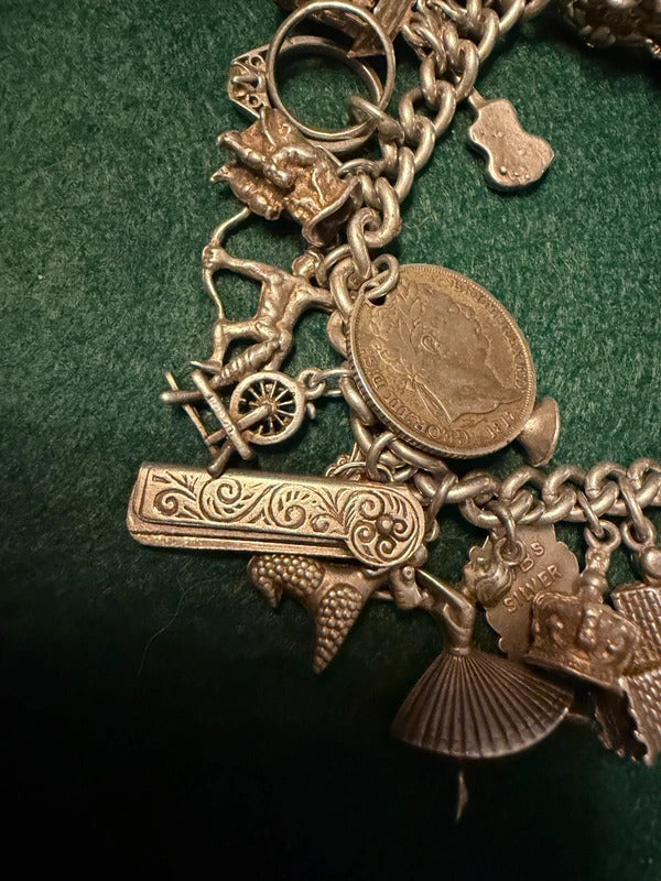 Antique Sterling Silver Charm Bracelet - 89.1g