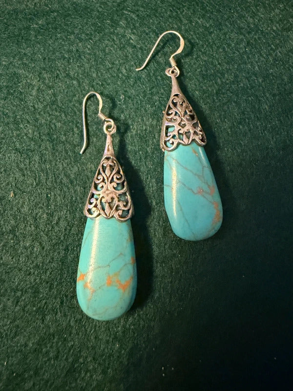 Turquoise Magnesite and Sterling Silver Dangle Earrings - 15.1g