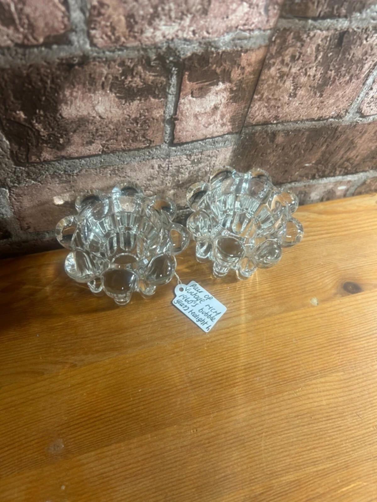 Pair of Vintage MCM 1960's Glass Bubble Tealight Holders -