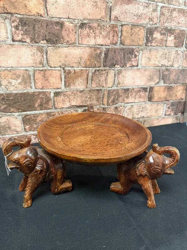 Hand Carved Round Wooden Fruit Bowl/Elephant Base