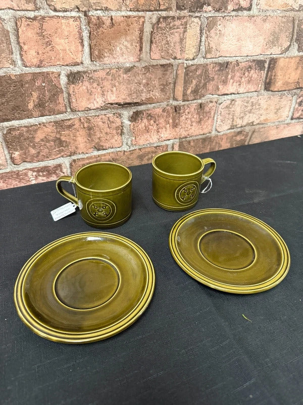 Crown Clarence Ironstone Green Cup and Saucer x 2 Set
